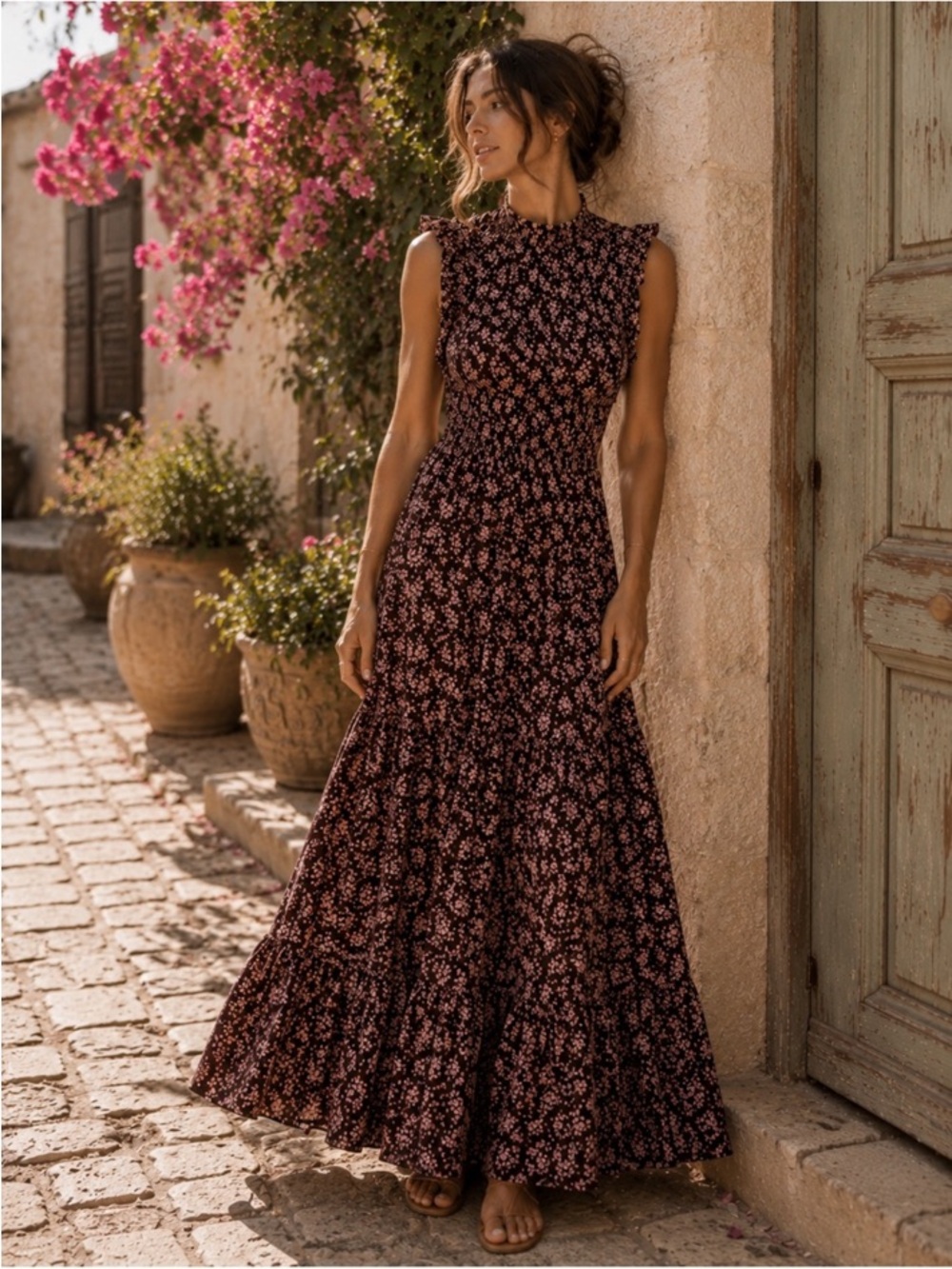 Caroline Constas Floral Ruffle Smocked Maxi Dress NWT S